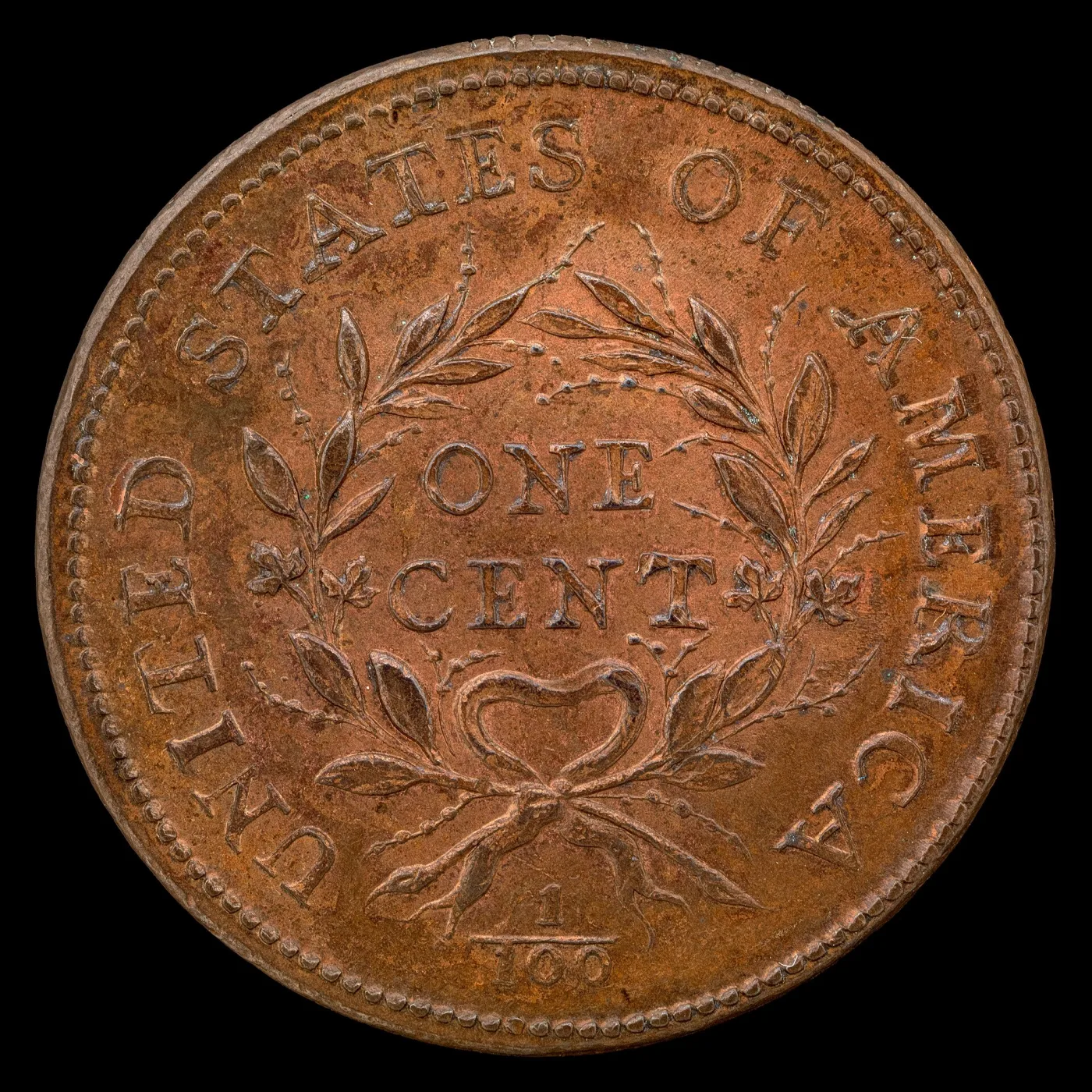 Reverse of a sharply detailed 1793 Wreath cent with every wreath leaf separated, the bow crisp and the fraction 1/100 clear beneath it